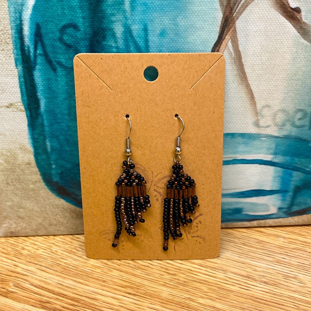 Earrings, freshwater black and copper beads, silver fishhook, dangle
